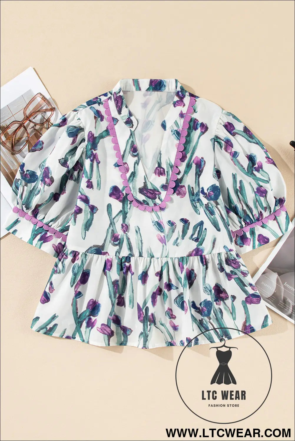 Purple Floral Ricrac Trim Puff Sleeve Peplum Blouse - L.T.C Wear Online Fashion Store