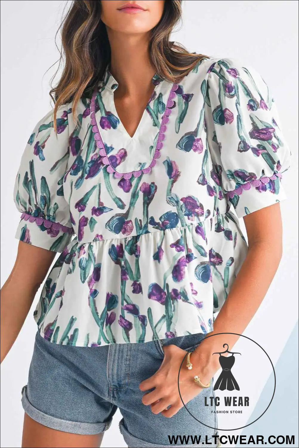 Purple Floral Ricrac Trim Puff Sleeve Peplum Blouse