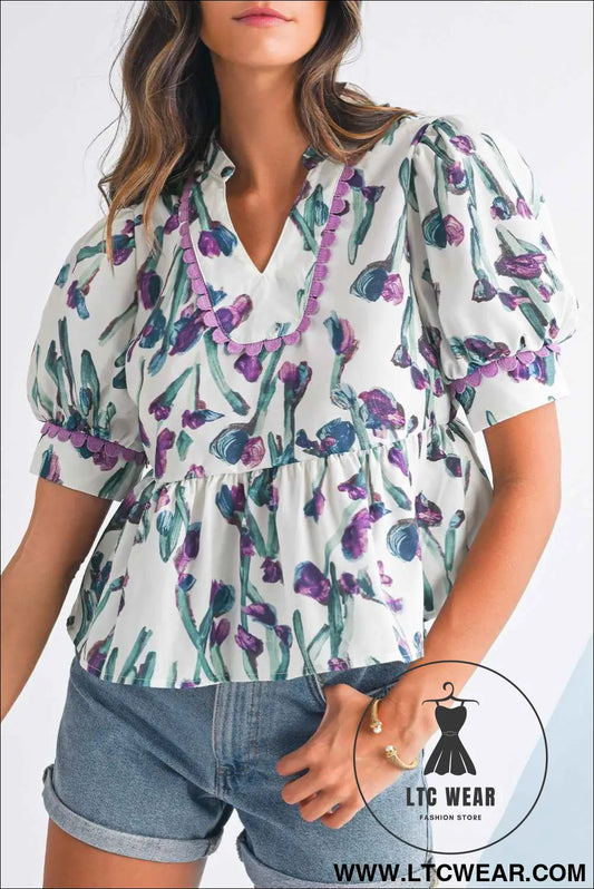 Purple Floral Ricrac Trim Puff Sleeve Peplum Blouse