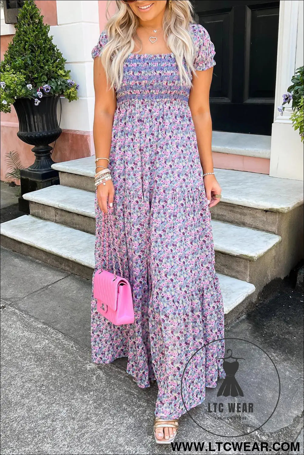 Purple Floral Short Bubble Sleeve Shirred High Waist Maxi Dress - L.T.C Wear Online Fashion Store