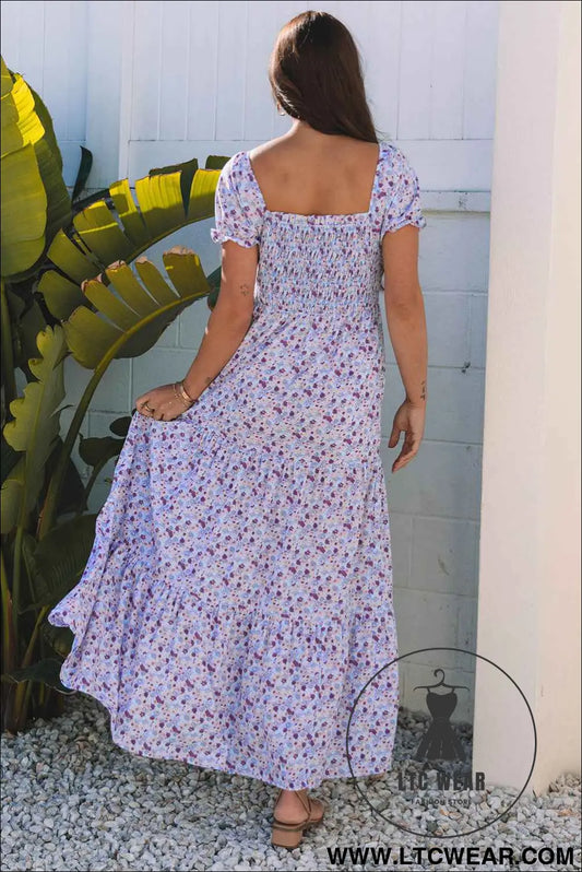 Purple Floral Short Bubble Sleeve Shirred High Waist Maxi Dress