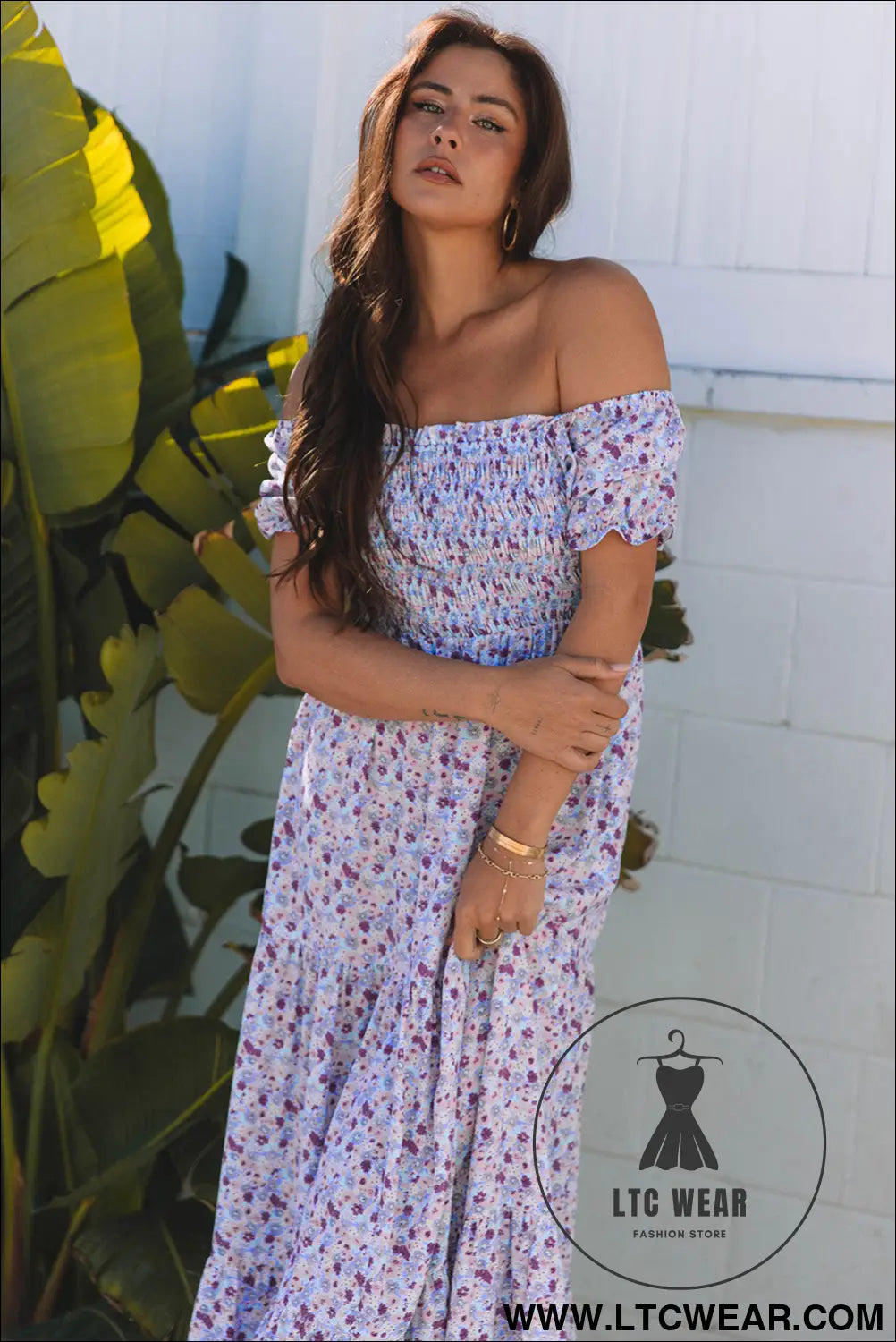 Purple Floral Short Bubble Sleeve Shirred High Waist Maxi Dress - L.T.C Wear Online Fashion Store