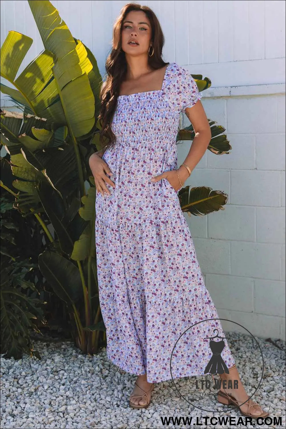Purple Floral Short Bubble Sleeve Shirred High Waist Maxi Dress