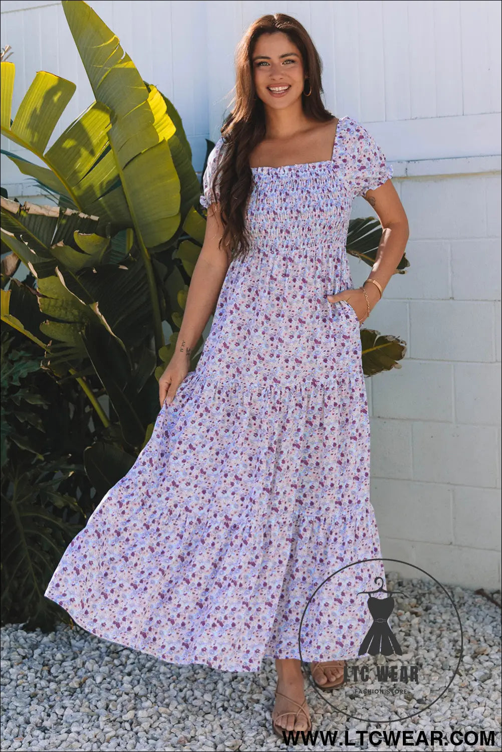 Purple Floral Short Bubble Sleeve Shirred High Waist Maxi Dress - L.T.C Wear Online Fashion Store