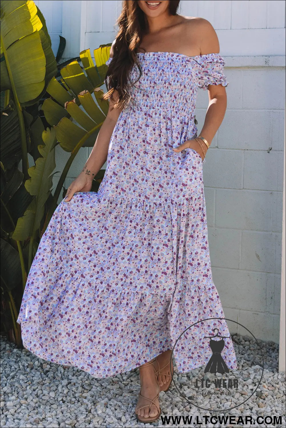 Purple Floral Short Bubble Sleeve Shirred High Waist Maxi Dress - L.T.C Wear Online Fashion Store