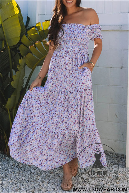 Purple Floral Short Bubble Sleeve Shirred High Waist Maxi Dress - L.T.C Wear Online Fashion Store