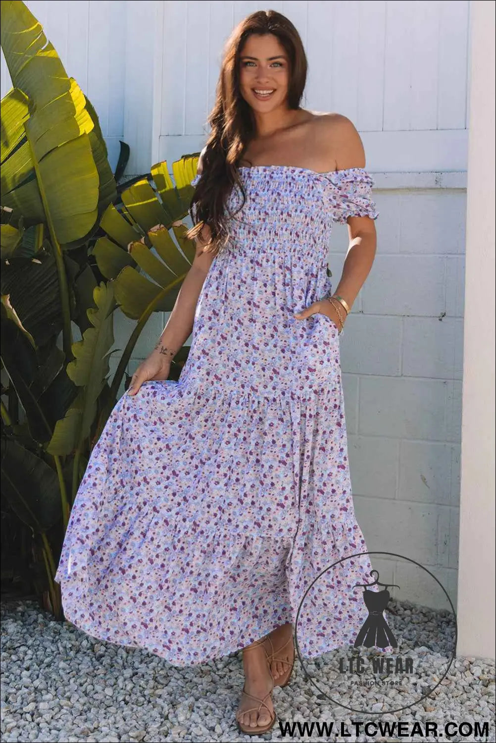 Purple Floral Short Bubble Sleeve Shirred High Waist Maxi Dress