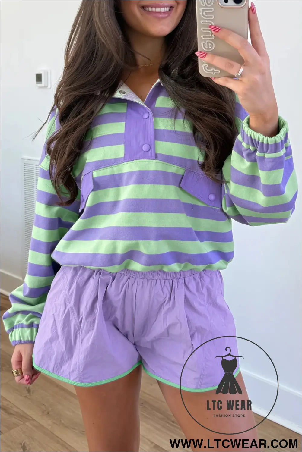 Purple stripe striped patchwork long sleeve two piece set casual pants suit - short sets