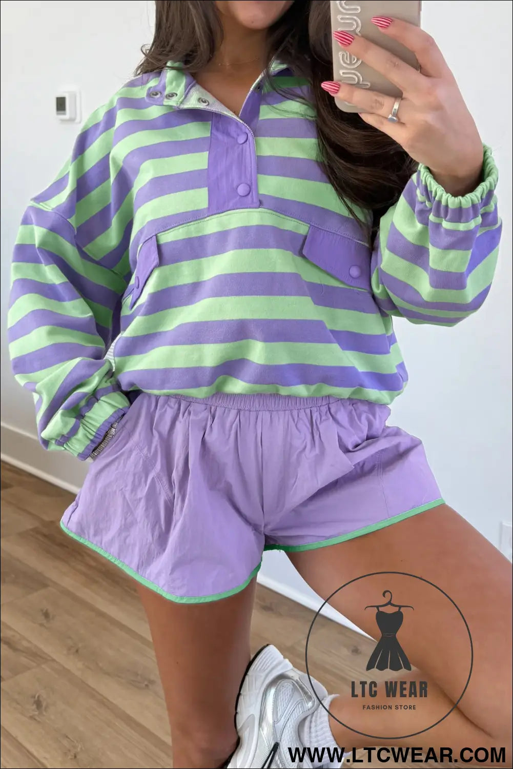 Purple stripe striped patchwork long sleeve two piece set casual pants suit - short sets