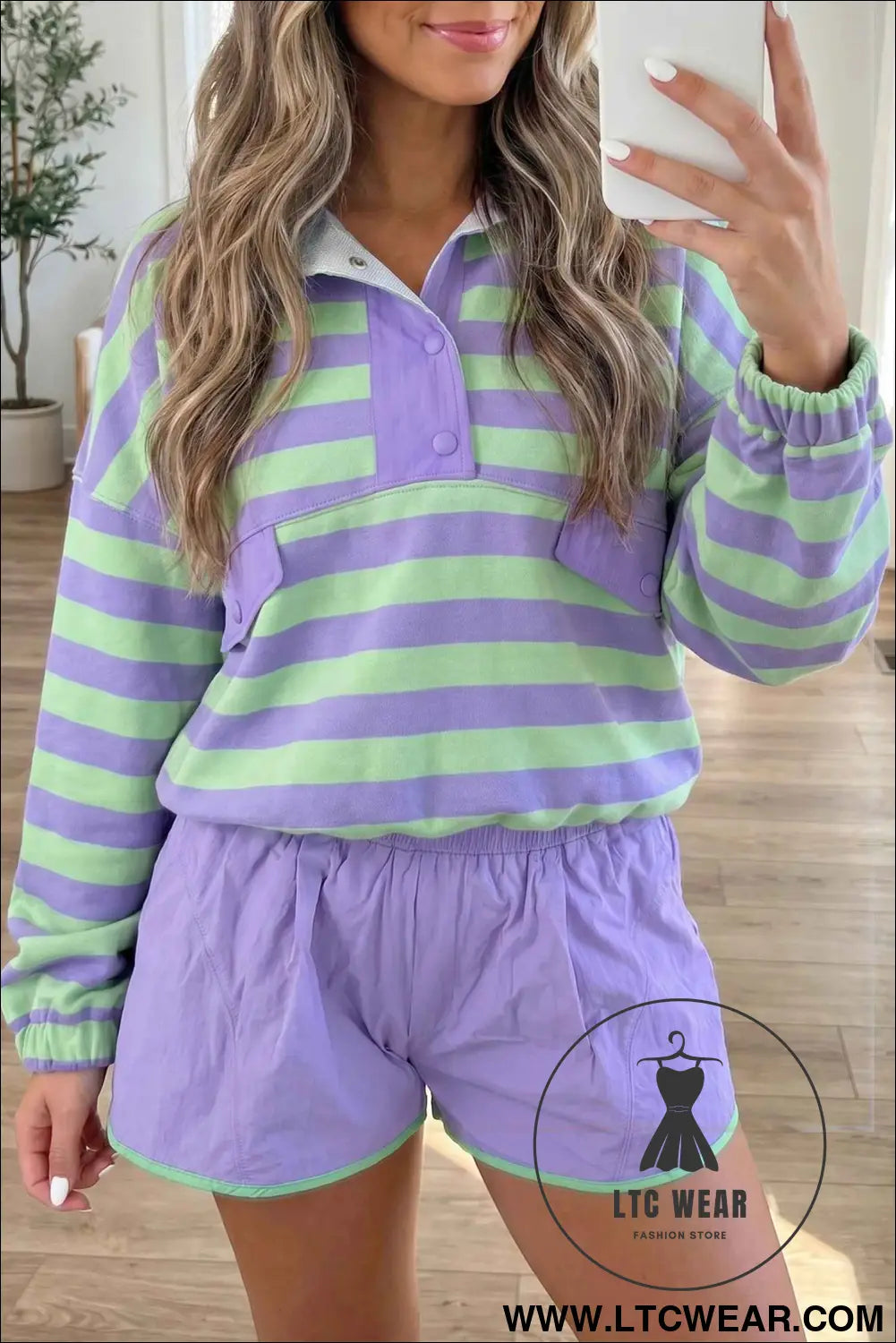 Purple Stripe Striped Patchwork Long Sleeve Two Piece Set Casual Pants Suit