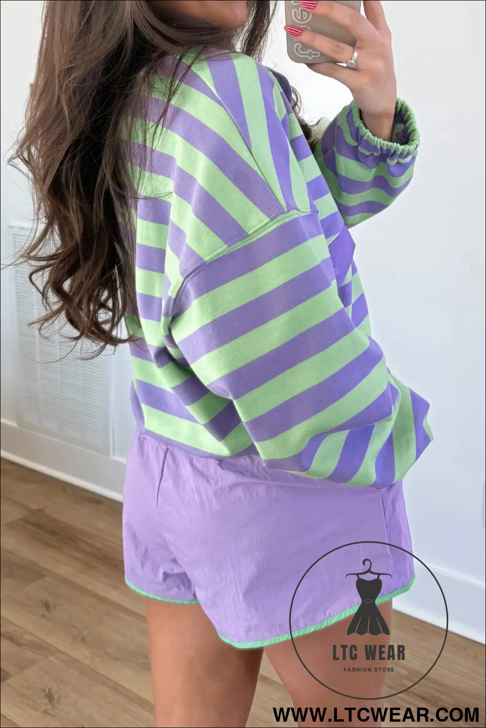 Purple stripe striped patchwork long sleeve two piece set casual pants suit - short sets