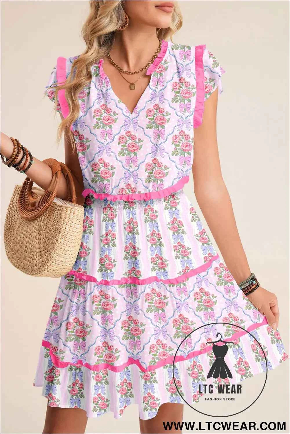 Purple Tiered Ruffles Sleeveless Summer Floral Dress