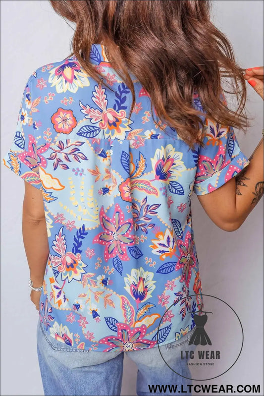 Purple Vacation Floral Print V Neck Short Sleeve Blouse