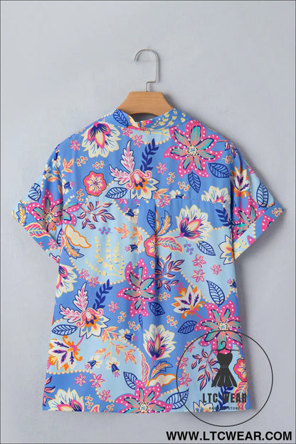 Purple Vacation Floral Print V Neck Short Sleeve Blouse - L.T.C Wear Online Fashion Store