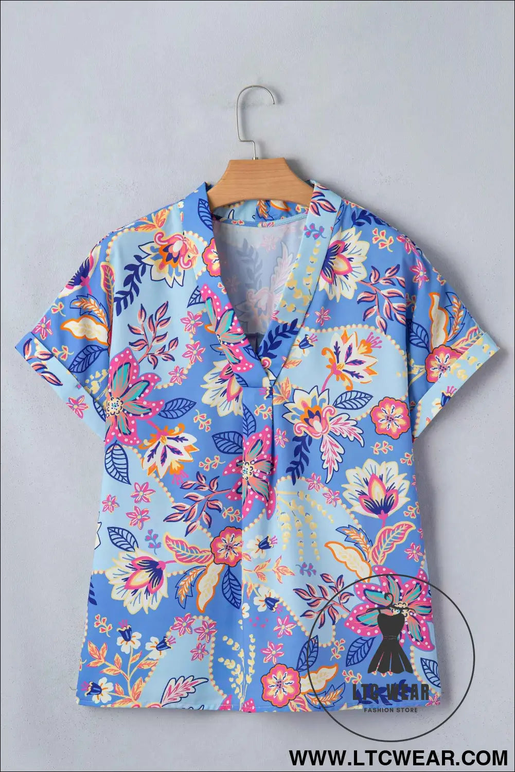 Purple Vacation Floral Print V Neck Short Sleeve Blouse