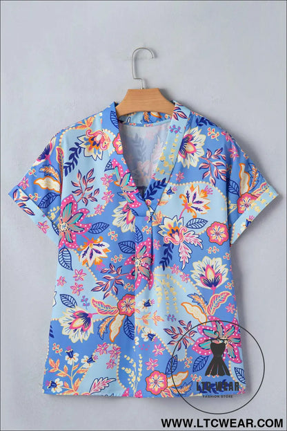 Purple Vacation Floral Print V Neck Short Sleeve Blouse