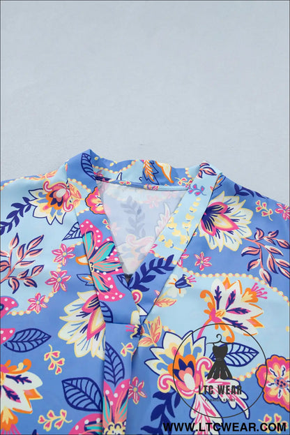 Purple Vacation Floral Print V Neck Short Sleeve Blouse - L.T.C Wear Online Fashion Store