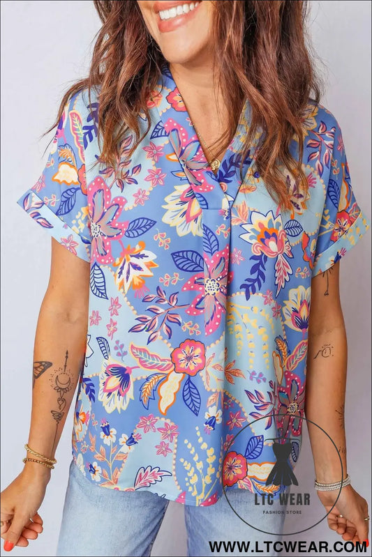 Purple Vacation Floral Print V Neck Short Sleeve Blouse