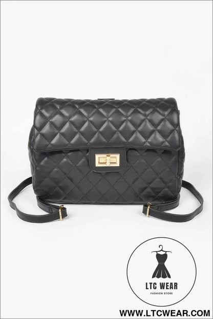 Quilted Faux Leather Backpack with Flap Closure