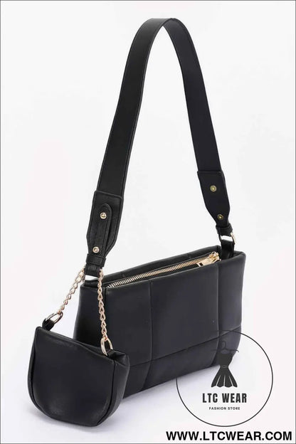 Quilted Faux Leather Shoulder Bag W/ Airpod Bag