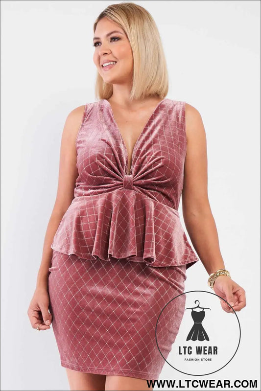 Quilted Glitter Print Sleeveless Bow Gathered Plunging V-neck Flare Hem Fitted Mini Dress