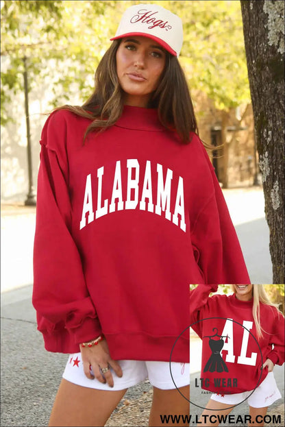 Racing Red ALABAMA/ AL Double Side Printed High Neck Reversible Baggy Sweatshirt - L.T.C Wear Online Fashion Store