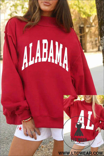 Racing Red ALABAMA/ AL Double Side Printed High Neck Reversible Baggy Sweatshirt
