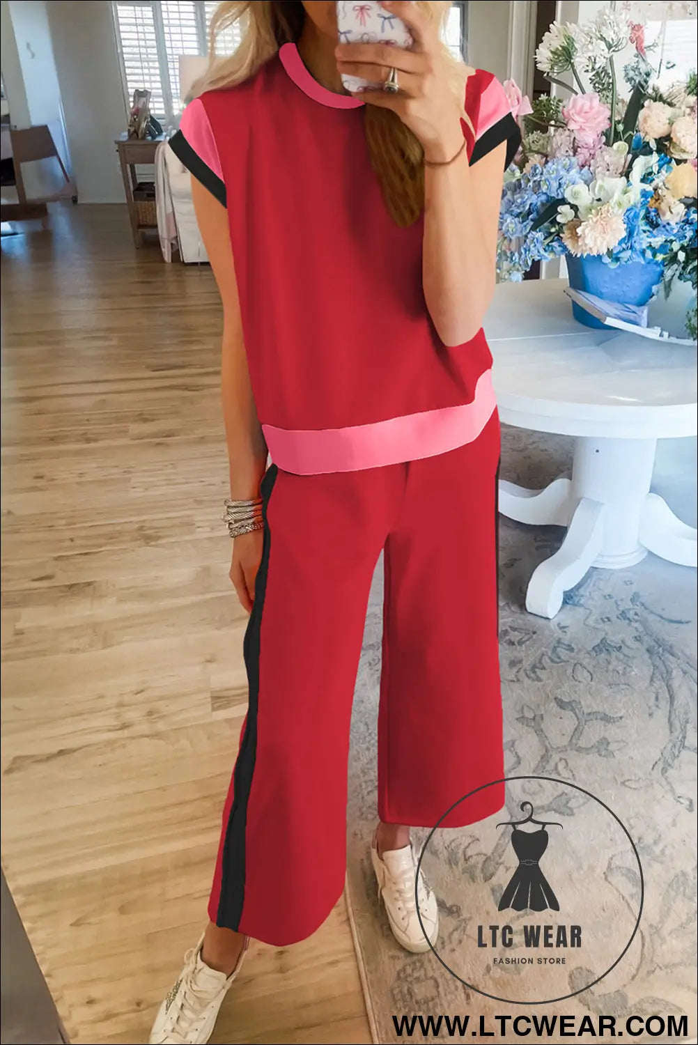 Racing red color block detail casual two-piece set - racing red / 2xl / 95% polyester + 5% elastane - pant sets