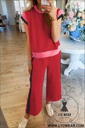 Racing red color block detail casual two-piece set - racing red / 2xl / 95% polyester + 5% elastane - pant sets