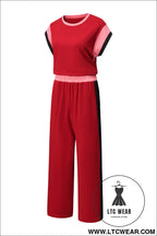 Racing red color block detail casual two-piece set - pant sets