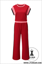 Racing red color block detail casual two-piece set - pant sets