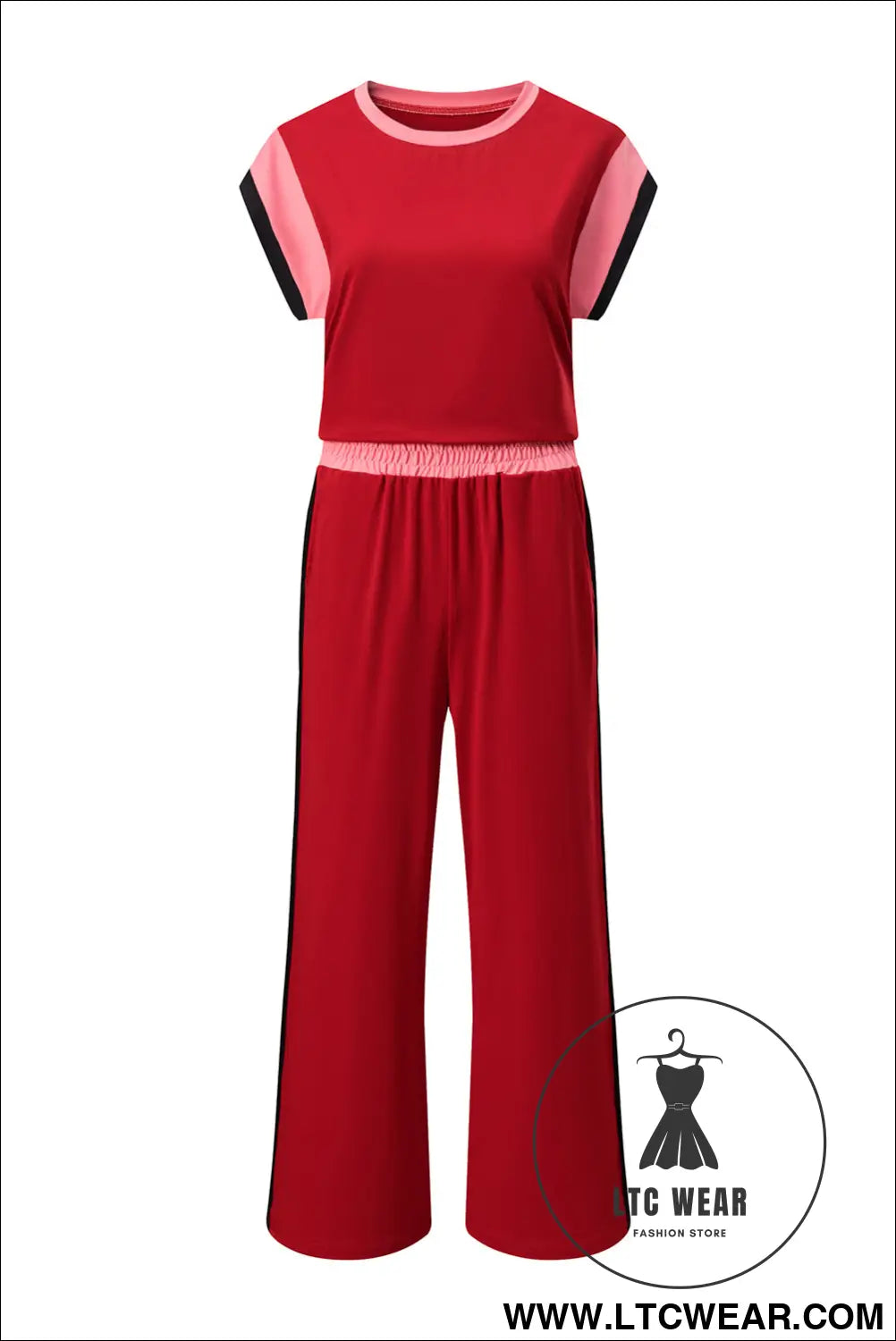 Racing red color block detail casual two-piece set - pant sets