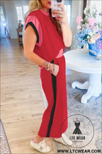 Racing red color block detail casual two-piece set - pant sets