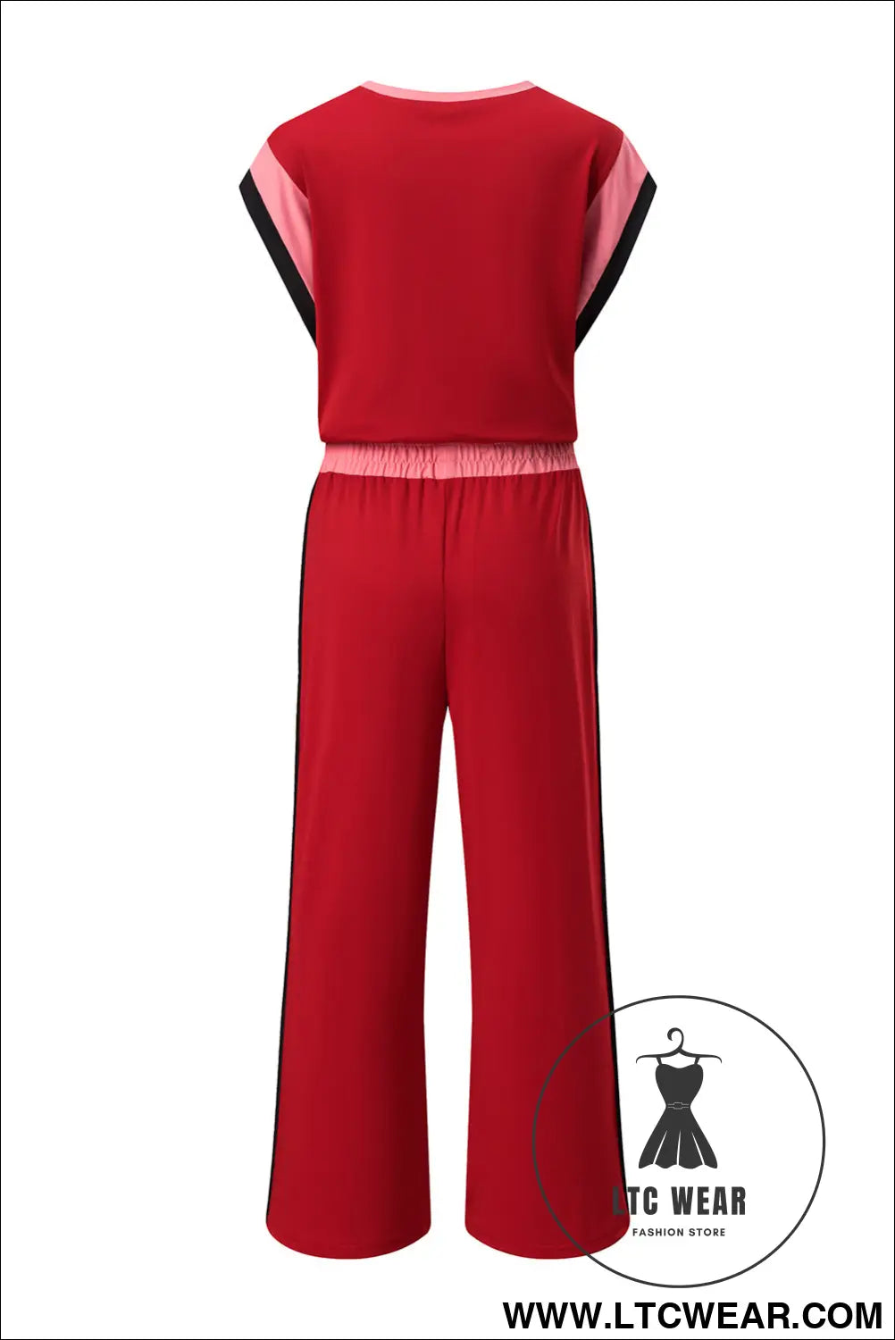 Racing red color block detail casual two-piece set - pant sets