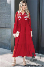 Racing Red Contrast Embroidered Detail Cinched Waist Tiered Long Sleeve Maxi Dress