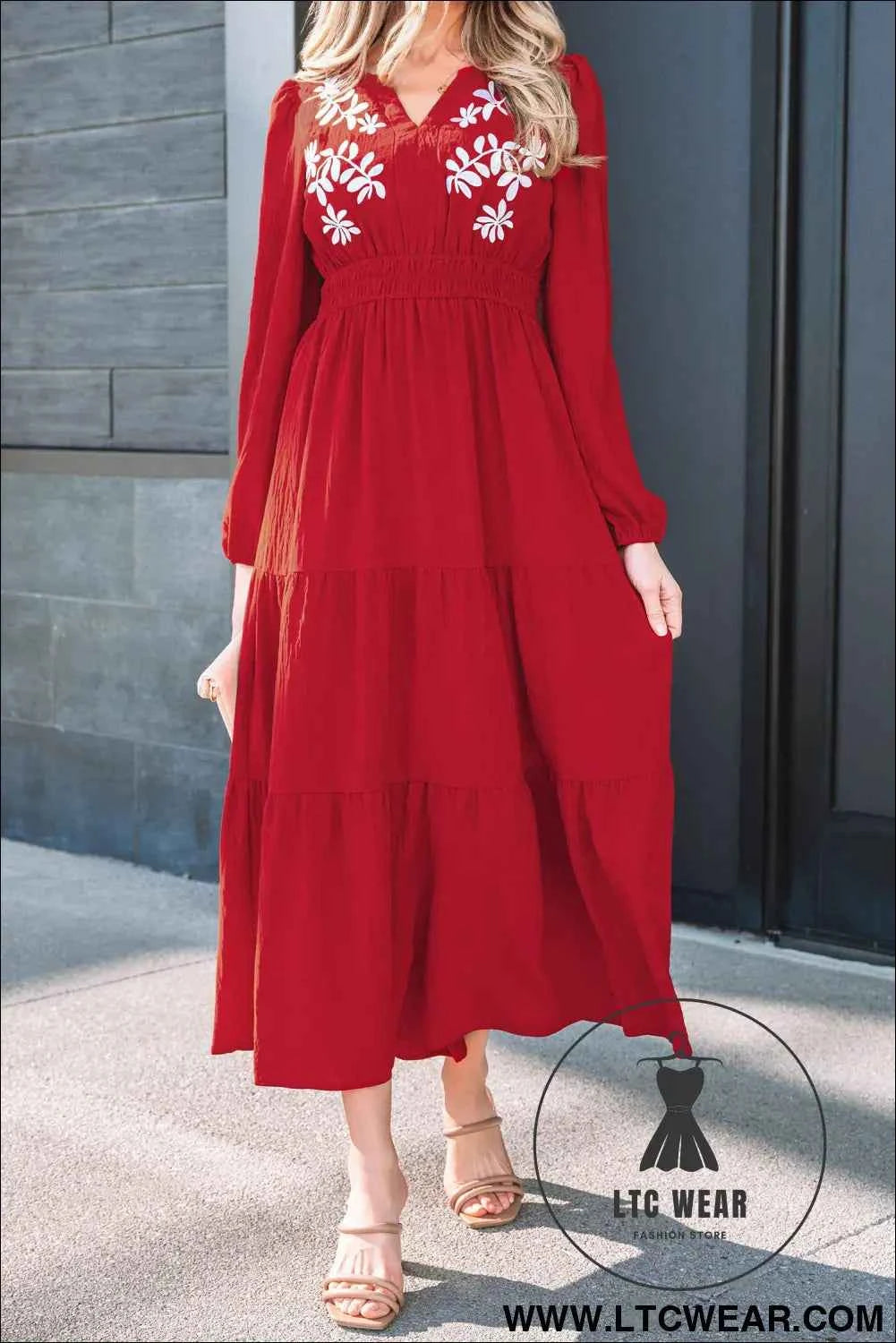 Racing Red Contrast Embroidered Detail Cinched Waist Tiered Long Sleeve Maxi Dress