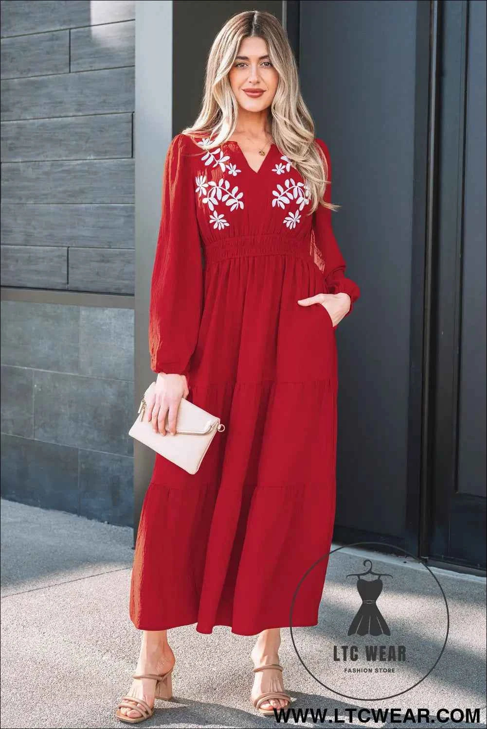 Racing Red Contrast Embroidered Detail Cinched Waist Tiered Long Sleeve Maxi Dress