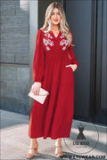 Racing Red Contrast Embroidered Detail Cinched Waist Tiered Long Sleeve Maxi Dress
