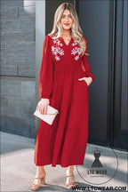 Racing Red Contrast Embroidered Detail Cinched Waist Tiered Long Sleeve Maxi Dress