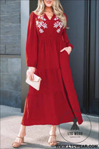 Racing Red Contrast Embroidered Detail Cinched Waist Tiered Long Sleeve Maxi Dress