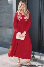 Racing Red Contrast Embroidered Detail Cinched Waist Tiered Long Sleeve Maxi Dress