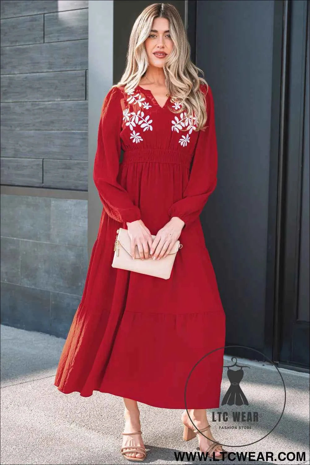 Racing Red Contrast Embroidered Detail Cinched Waist Tiered Long Sleeve Maxi Dress