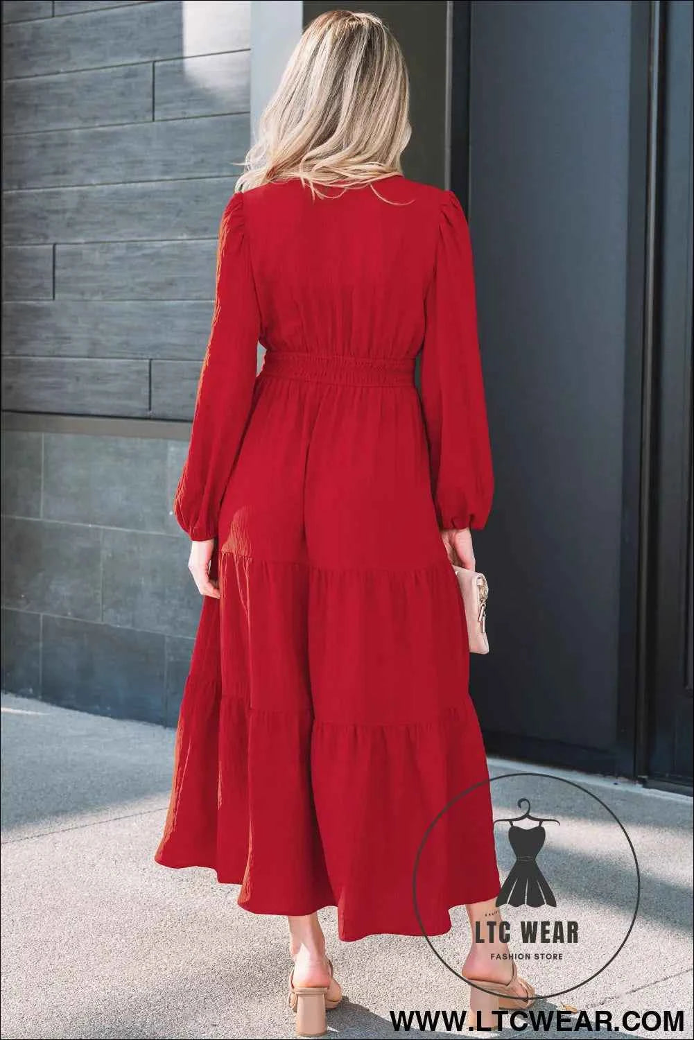 Racing Red Contrast Embroidered Detail Cinched Waist Tiered Long Sleeve Maxi Dress