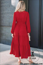 Racing Red Contrast Embroidered Detail Cinched Waist Tiered Long Sleeve Maxi Dress