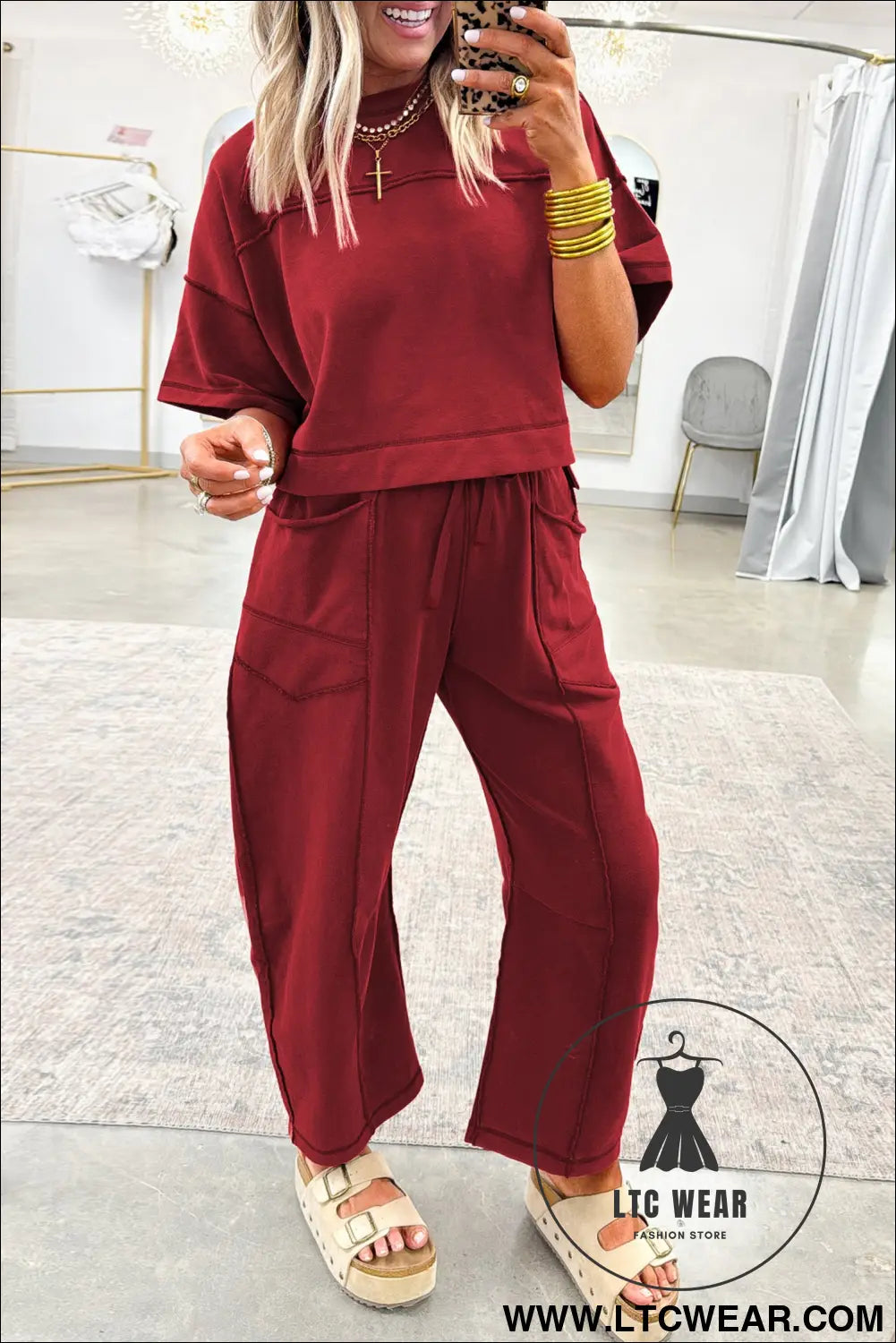 Racing red drop shoulder boxy tee and barrel pants set - racing red / l / 80% polyester + 20% cotton - pant sets