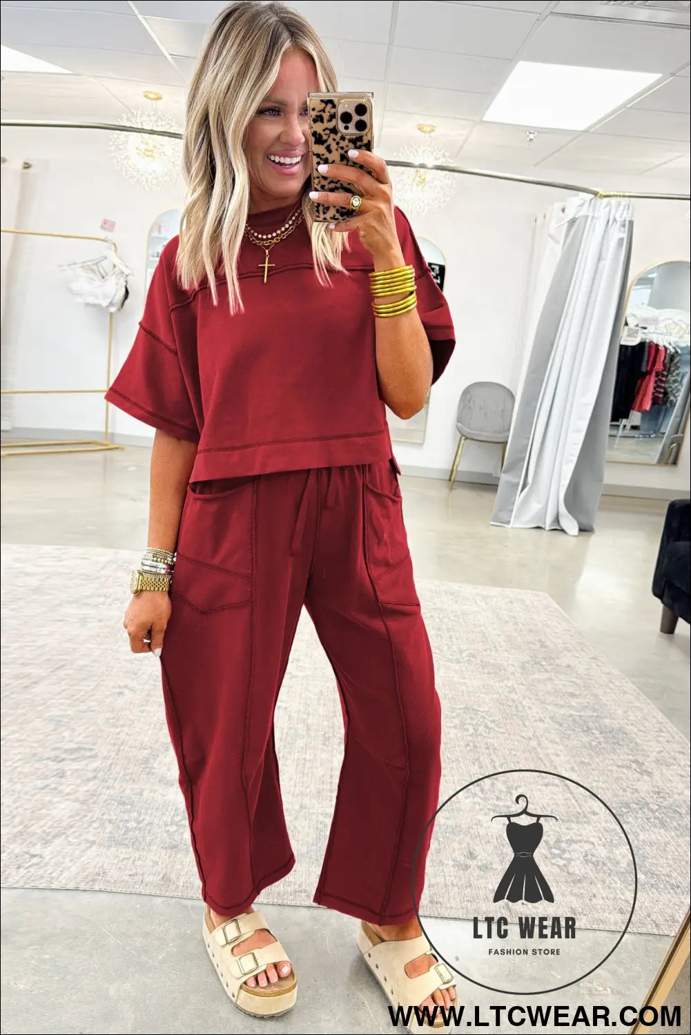 Racing red drop shoulder boxy tee and barrel pants set - pant sets