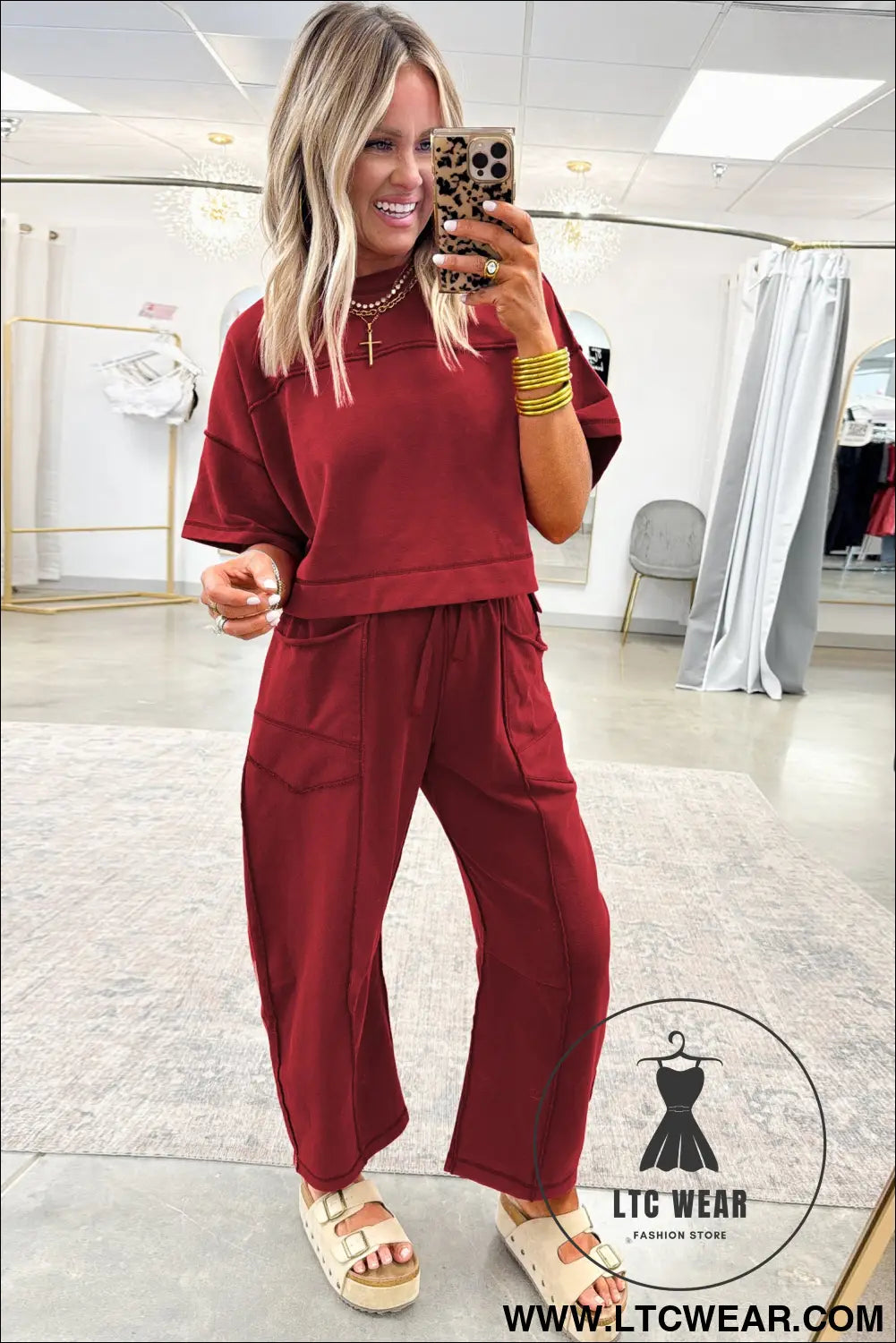 Racing red drop shoulder boxy tee and barrel pants set - pant sets