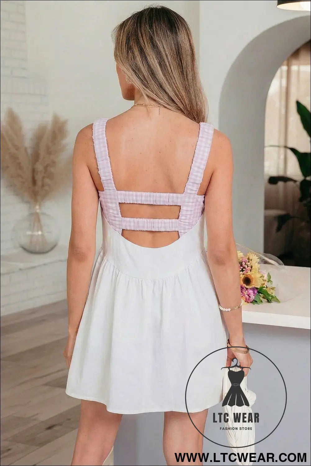 Racing Red Faux Two Piece Gingham Contrast Patchwork Loose Mini Dress - L.T.C Wear Online Fashion Store