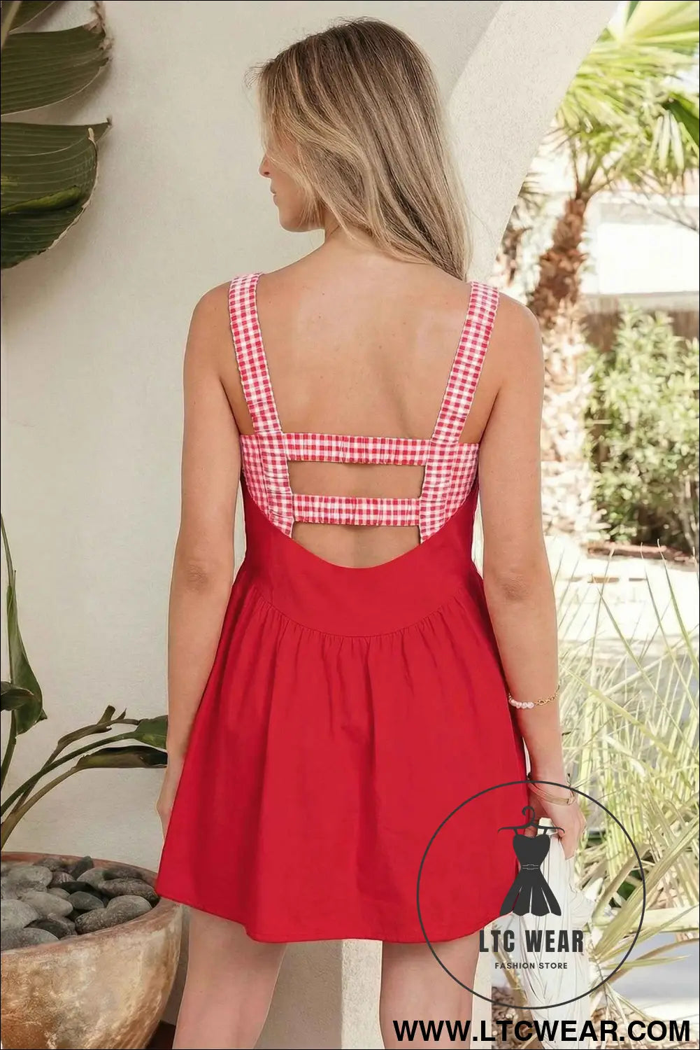 Racing Red Faux Two Piece Gingham Contrast Patchwork Loose Mini Dress