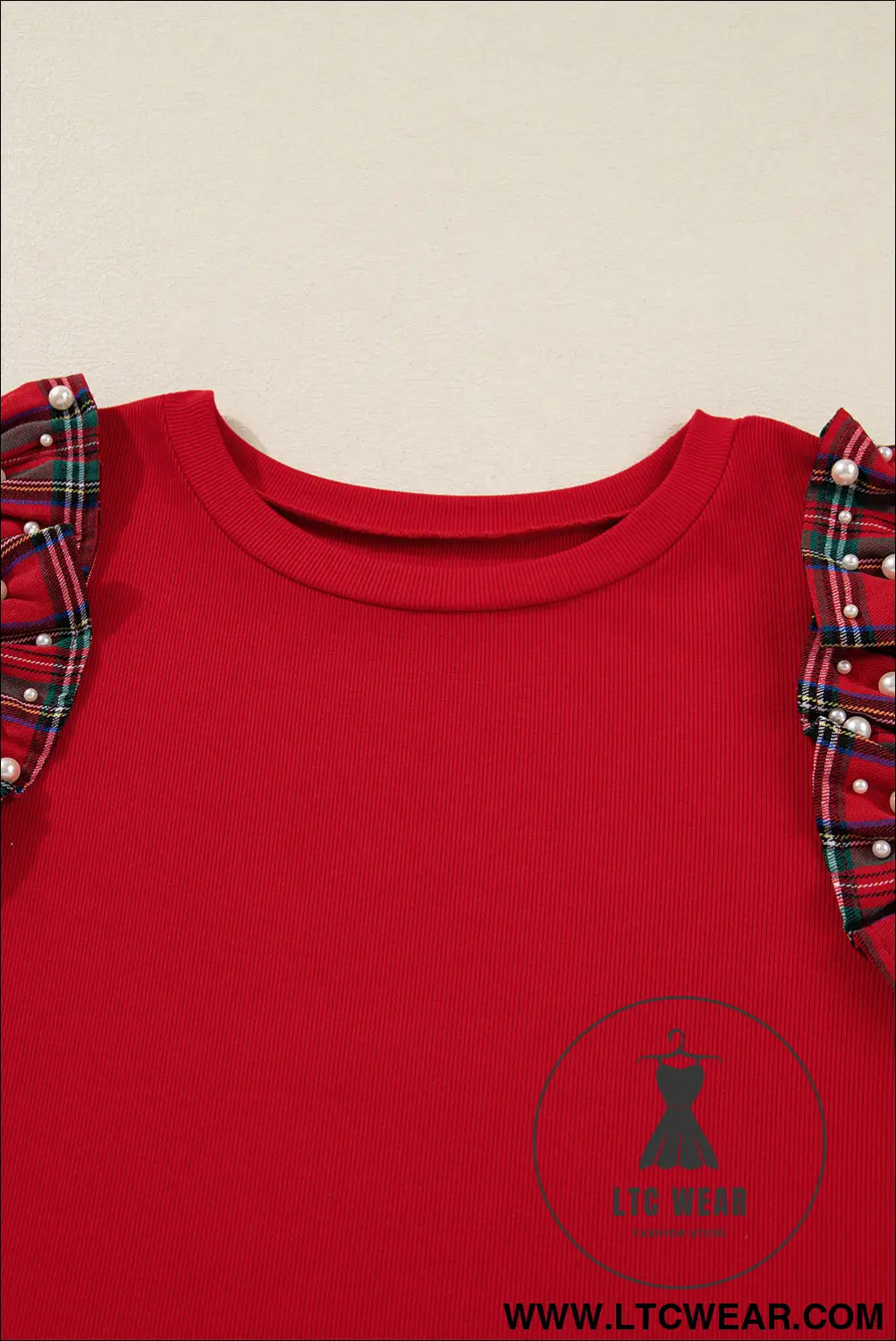 Racing Red Plaid Pearl Ruffled Sleeve Knitted Christmas Holiday Plus Size Top - L.T.C Wear Online Fashion Store